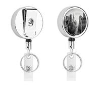 Porte-badge New York noir et blanc - Enrouleur de badge d'infirmière rétractable en métal robuste avec corde en nylon de 68,1 cm - Étiquettes amusantes pour enseignants, infirmières, médecins
