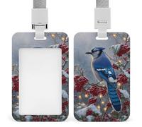 Porte-badge rétractable à clip avec motif oiseau bleu sur branches de houx et baies rouges pour le travail, le bureau, les médecins, les infirmières