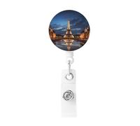 Porte-badge rétractable avec clip et porte-clés, motif Paris in Ninght - Pour employés de bureau, médecin, infirmière