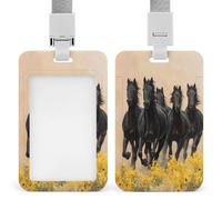 Porte-badge rétractable avec clip pour carte d'identité - Cinq chevaux noirs en cours d'exécution - Pour le travail, le bureau, les médecins, les infirmières