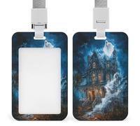 Porte-badge rétractable avec clip pour carte d'identité, manoir hanté, motif fantôme blanc, pour le travail, le bureau, les médecins, les infirmières