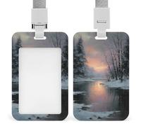 Porte-badge rétractable avec clip pour carte d'identité Motif rivière au lever du soleil recouvert de neige