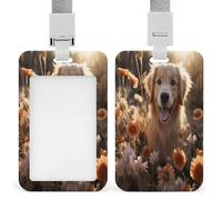 Porte-badge rétractable avec cordon, motif Golden Retriever et fleurs, idéal pour le travail, le bureau ou l'enseignement.