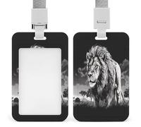 Porte-badge rétractable avec illustration de lion en noir et blanc et cordon, idéal pour le travail, le bureau ou l'enseignement.