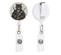 Porte-badge rétractable avec motif chat japonais tenant une arme pour médecin, infirmière, étudiant, employé de bureau