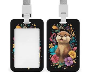 Porte-badge rétractable avec motif loutre heureuse avec fleurs colorées pour le travail, le bureau, les médecins, les infirmières