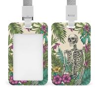 Porte-badge rétractable avec motif squelette gothique et fleurs tropicales colorées pour le travail, le bureau, les médecins, les infirmières