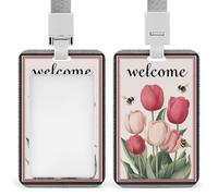 Porte-badge rétractable avec motif tulipes rouges et roses et abeilles - Porte-carte de protection pour le travail, le bureau, les médecins, les infirmières