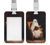 Porte-badge rétractable blanc fantôme lisant un vieux livre d'identité avec clip pour carte de protection pour le travail, le bureau, les médecins, les infirmières
