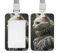 Porte-badge rétractable en forme de chat blanc portant une robe de la Renaissance ornée d'une robe de la Renaissance pour le travail, le bureau, le médecin, l'infirmière