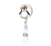 Porte-badge rétractable en forme de pingouin portant des fleurs avec clip pour badge nom, porte-nom mignon pour homme et femme