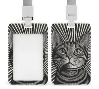 Porte-badge rétractable en forme de tête de chat en linogravure noire et blanche - Porte-carte de protection pour le travail, le bureau, le médecin, l'infirmière