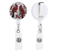 Porte-badge rétractable en verre teinté avec 2 oiseaux rouges du Nord sur une branche et baies rouges pour médecin, infirmière, étudiant, employé de bureau