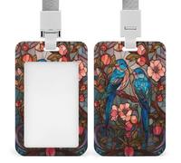 Porte-badge rétractable en verre teinté avec motif oiseaux amoureux dans un arbre de pêche pour le travail, le bureau, les médecins, les infirmières
