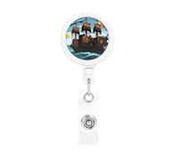 Porte-badge rétractable - Enrouleur de badge imprimé avec mousqueton et clip de ceinture pour cartes d'identité et d'accès, bateau pirate de dessin animé