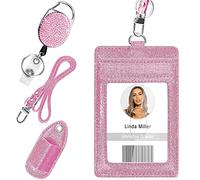 Porte-badge rétractable multifonction en cuir PU brillant avec clip de ceinture, porte-badge avec cordon et porte-stylo pour infirmière, enseignant, étudiant, employé de bureau (rose)