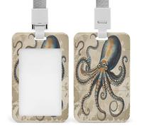Porte-badge rétro en forme de pieuvre transparent avec lanière amovible - Pochette verticale en plastique rigide pour sécuriser les cartes d'identité de travail, cartes de crédit pour bureau, usine