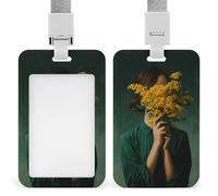 Porte-badge rétro esthétique avec clip rétractable pour femme, motif fleurs jaunes