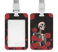 Porte-badge rétro rétractable avec motif de roses rouges squelette pour le travail, le bureau, les médecins, les infirmières