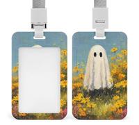 Porte-badge rétro rétractable avec motif fantôme dans le champ de fleurs sauvages - Porte-carte de protection pour le travail, le bureau, les médecins, les infirmières