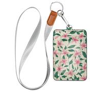 Porte-badge sécurisé avec cordon et capacité de 3 cartes de sécurité pour bureau, école, hôtel, cartes de passage, petites fleurs roses et feuilles vertes