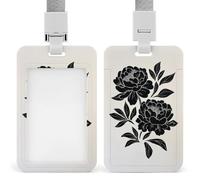 Porte-badge simple noir sur fond crème minimaliste en linogravure avec clip rétractable, protecteur de carte, badge nom, étiquette pour le travail, le bureau, le médecin, l'infirmière