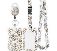 Porte Badge Tour De Cou Coulissant Floral Étui En Plastique De Fleur Blanche Avec Clip De Mousqueton De Bobine De Badge Rétractable Et Sangle De Longe Détachable Porte Carte Verticale Dure