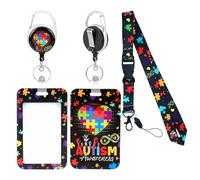 Porte Badge Tour de Cou, Porte Badge Autisme avec Enrouleur Rétractable, Cordon Tour de Cou avec Protège Carte Puzzle Cœur, Cordon Clef Mignon de Sécurité Détachable pour Enfants, Adultes