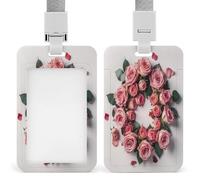 Porte-badge transparent avec cordon amovible - Pochette verticale en plastique rigide pour cartes de travail, cartes de crédit - Motif roses dans un cercle