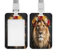 Porte-badge transparent avec cordon amovible - Pochette verticale en plastique rigide pour cartes de travail, cartes de crédit - Lion africain portant une fleur sur la tête