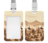 Porte-badge transparent avec lanière amovible - Pochette verticale en plastique rigide pour cartes de travail, cartes de crédit - Vert désert occidental avec cowboys équitation