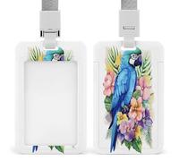 Porte-badge transparent en forme de perroquet bleu en forme de fleurs avec lanière amovible - Pochette verticale en plastique rigide pour sécuriser les cartes d'identité de travail, cartes de crédit