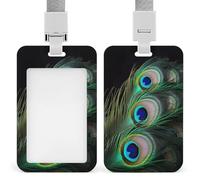 Porte-badge transparent en forme de plume de paon vert avec lanière amovible - Pochette verticale en plastique rigide pour sécuriser les cartes d'identité de travail, cartes de crédit pour bureau