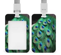 Porte-badge transparent en forme de plume de paon vert avec lanière amovible - Pochette verticale en plastique rigide pour sécuriser les cartes d'identité de travail, cartes de crédit pour bureau