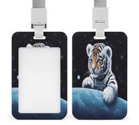Porte-badge transparent Little Tiger in Space avec lanière amovible - Pochette verticale en plastique rigide pour sécuriser les cartes d'identité de travail, cartes de crédit pour bureau, usine
