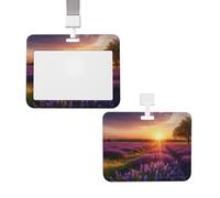Porte-badge vertical avec cordon de serrage, étui pour carte d'identité, étiquette nominative, prairie de lavande au coucher du soleil, porte-badge avec fenêtre transparente, pochette de protection