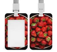 Porte-badge vertical avec cordon, motif fraises dans un bol - Étui de protection multi-usage pour bureau, enseignant, infirmière