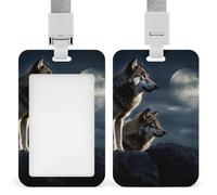 Porte-badge vertical avec fenêtre transparente - Motif loups au clair de lune - Avec cordon tour de cou - Pour bureau, réunions, cartes de crédit