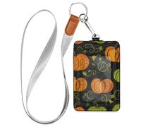 Porte-badge vertical avec lanière et étui d'une capacité de 3 cartes avec porte-cartes pour bureau, école, hôtel, cartes de passe, motifs citrouilles abstraites oranges et vertes