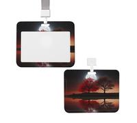 Porte-badge vertical avec lanière pour carte d'identité, porte-nom, arbre rouge, lac et lune avec fenêtre transparente, pochette de protection pour infirmière, médecin, fournitures de bureau