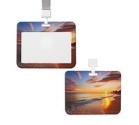 Porte-badge vertical avec lanière pour carte d'identité, porte-nom - Beau lever de soleil tropical sur la plage avec fenêtre transparente - Pochette de protection pour infirmière, médecin, fournitures