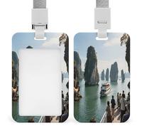 Porte-badge vertical avec motif baie d'Halong et pierre de mer - Pour bureau, école, carte d'identité, permis de conduire et laissez-passer