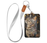 Porte-badge vertical en cuir avec illustration de chat géométrique avec lanière et capacité de 3 cartes pour employés de bureau, infirmières, enseignants, étudiants