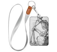 Porte-badge vertical en cuir avec illustration de squelette de pensée avec cordon et capacité de 3 cartes pour bureau, école, hôtel, cartes de passe