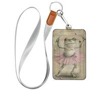 Porte-badge vertical en cuir avec illustration vintage d'une grenouille dansante de ballet avec cordon et porte-carte d'identité pour le personnel, les officiers, les étudiants, les médecins, les