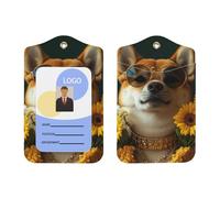 Porte-badge vertical en cuir synthétique avec cordon de serrage, motif hipster-shiba-inu-tournesol