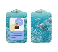 Porte-badge vertical en cuir synthétique avec cordon, motif tortues de mer qui nagent dans l'eau