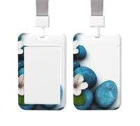 Porte-badge vertical en plastique, motif pavés et fleurs zen, avec cordon, étui étanche pour carte et étiquette nominative.