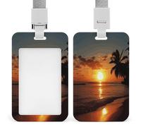Porte-badge vertical en plastique rigide avec cordon - Coucher de soleil, océan, mer, île tropicale, palmier, palmier - Porte-badge coulissant pour infirmière, médecin, enseignant