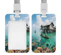 Porte-badge vertical imprimé villages sur la mer pour bureau, école, carte d'identité, carte de proximité, permis de conduire, carte de permis et laissez-passer